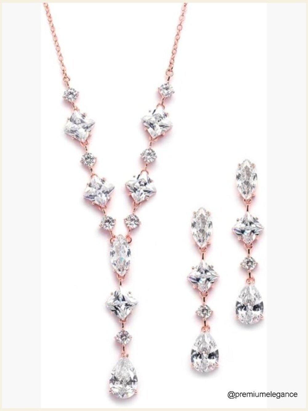 14K Rose Gold Plated CZ Bridal Necklace & Earrings Set, Y Necklace, Teardrop
